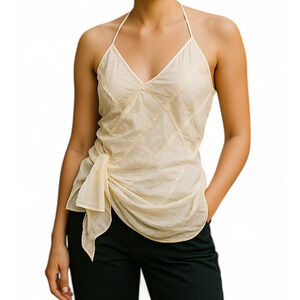 Zara Ivory Size Medium Festival Halter Lagenlook Crinkle Top Asymmetric Backless